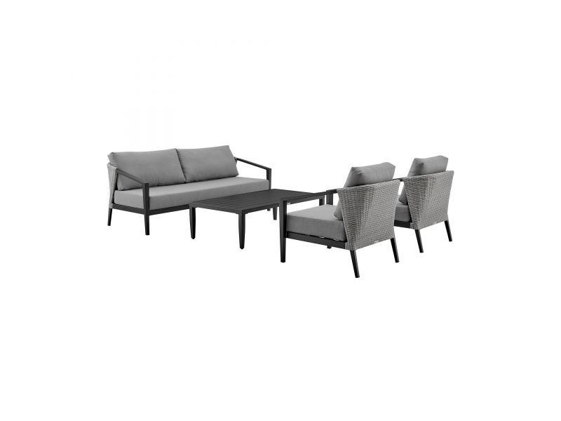 Palma Outdoor Patio 4-Piece Lounge Set in Aluminum and Wicker with Grey Cushions
